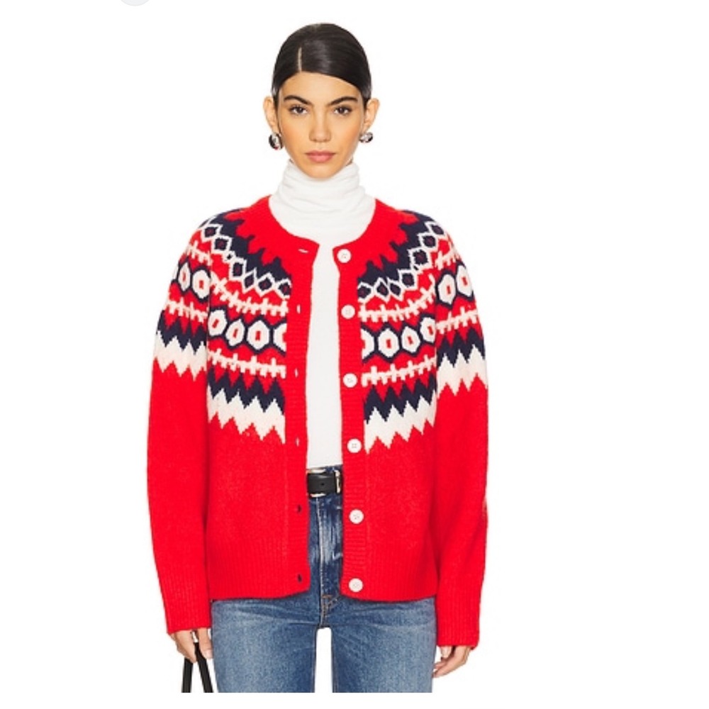 Favorite Daughter Sweater Cardigan XL Red Fair Isle Wool Cashmere Oversized NWT